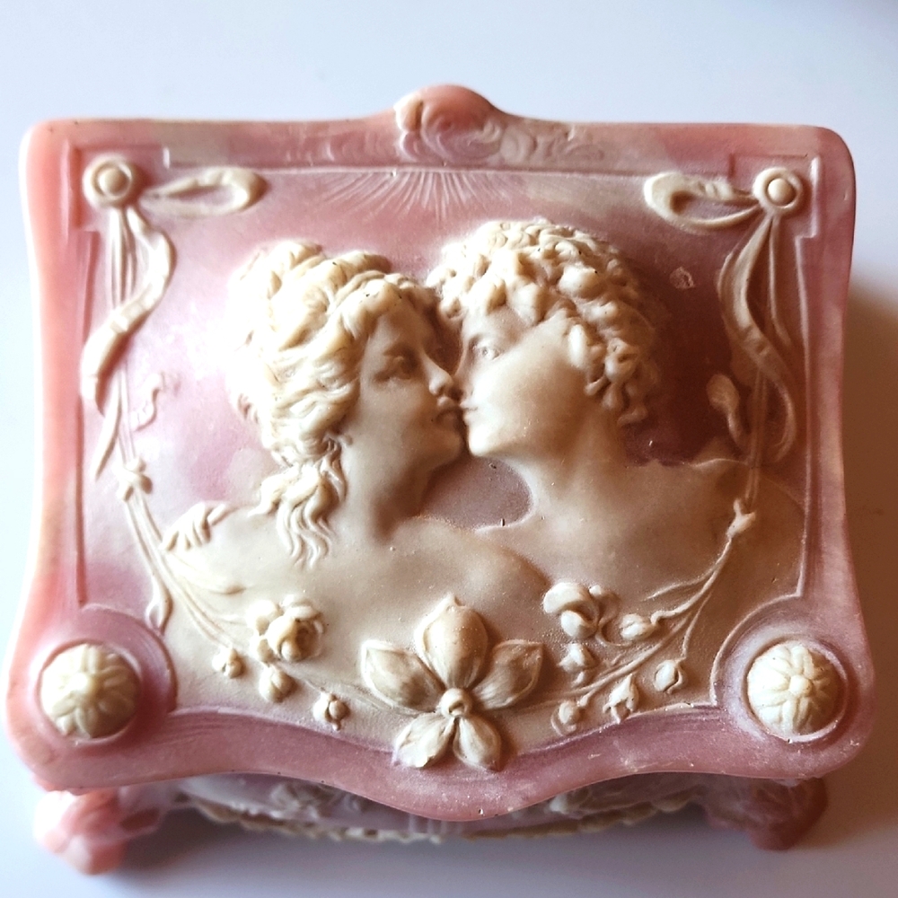 Vintage, Genuine Incolay Stone Jewerly Box. Pink and Cream Decorative Box.